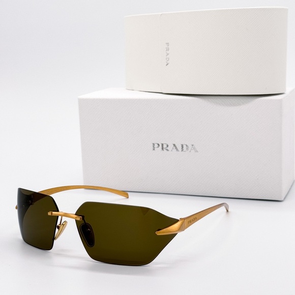 NEW PRADA SPR A55 15N01T GOLD GREEN RIMLESS PRA55S 15N01T UNISEX PRADA SUNGLASSE - Picture 1 of 11